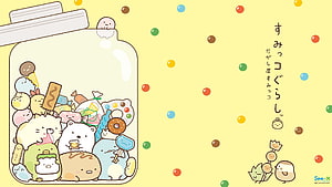 Sumikko Gurashi Characters in a Candy Jar on a Pastel Yellow Background HD wallpaper