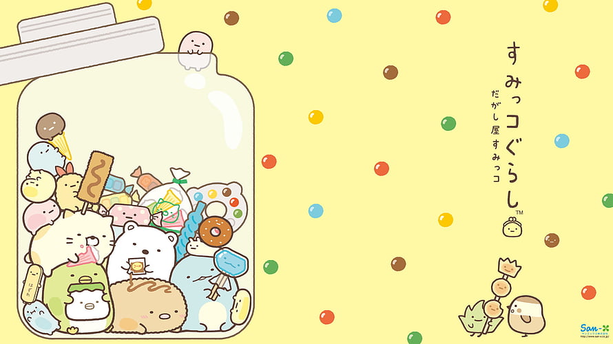 Sumikko Gurashi Characters in a Candy Jar on a Pastel Yellow Background HD wallpaper