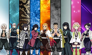 Demon Slayer Hashira Group Portrait with Elemental Backgrounds HD wallpaper