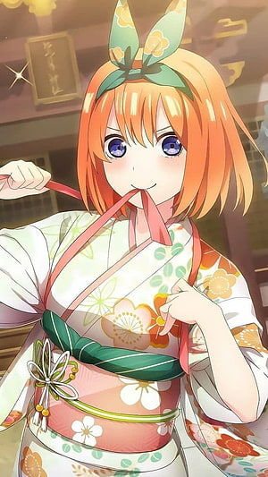Yotsuba Nakano in a Floral Kimono with Green Obi and Headband HD phone wallpaper