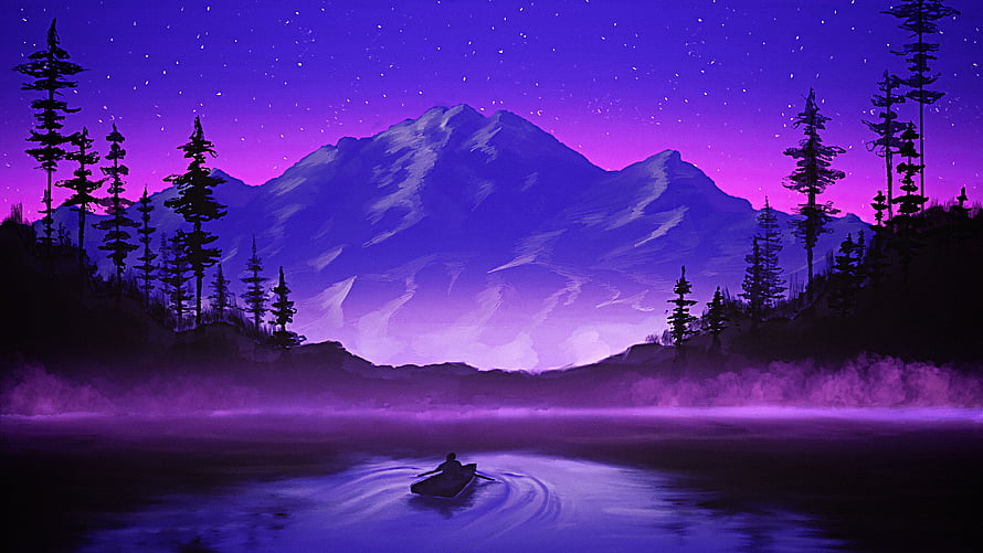 Purple Mountain Lake Night Scene with Canoe and Starry Sky HD wallpaper