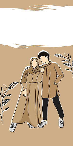 Minimalist Islamic Couple Illustration in Earth Tones with Botanical Accents HD phone wallpaper