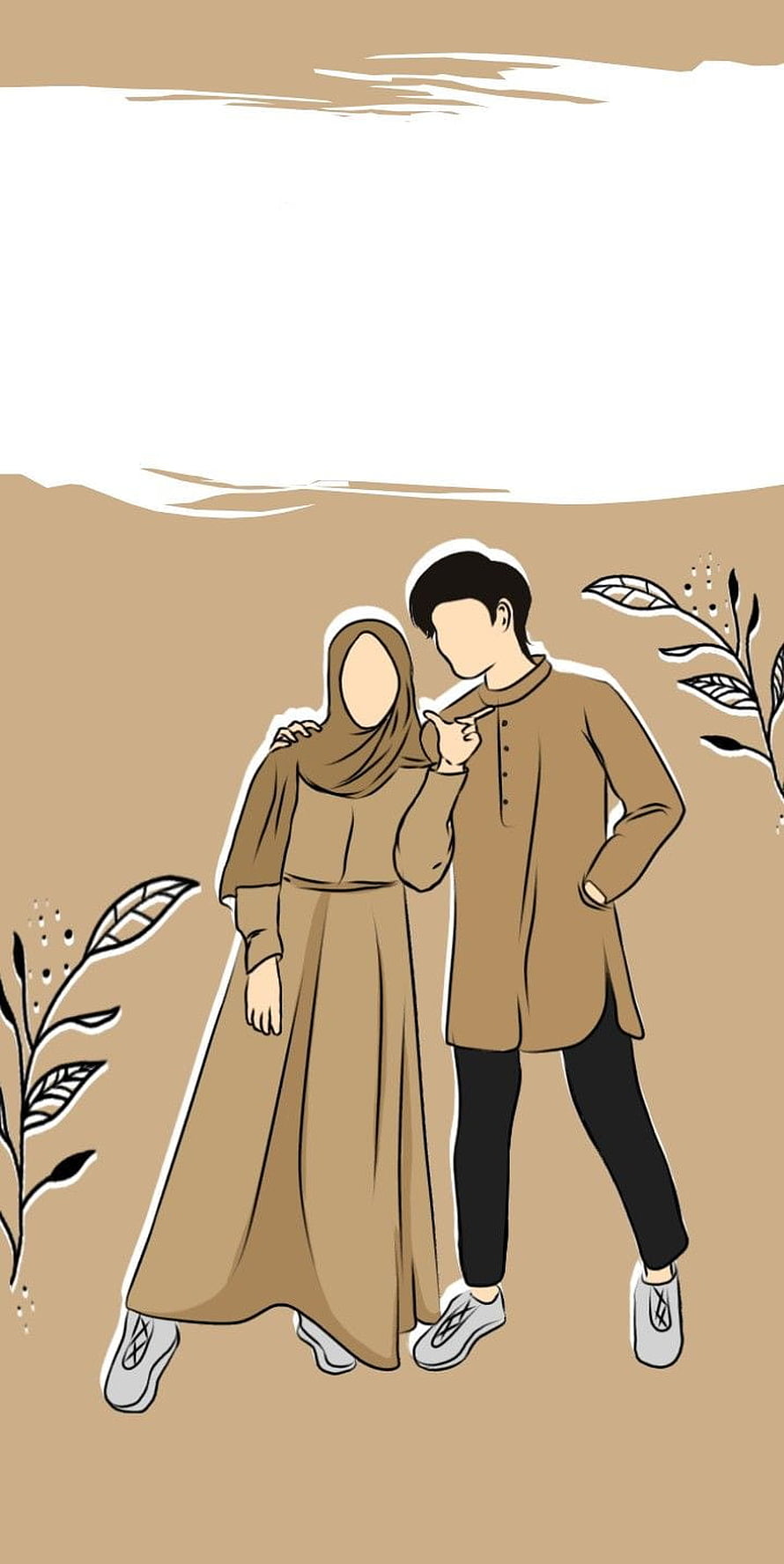 Minimalist Islamic Couple Illustration in Earth Tones with Botanical Accents HD phone wallpaper