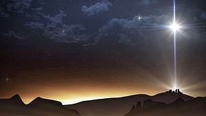 Nativity Star Over Bethlehem Silhouette at Night with Warm Horizon Glow HD wallpaper