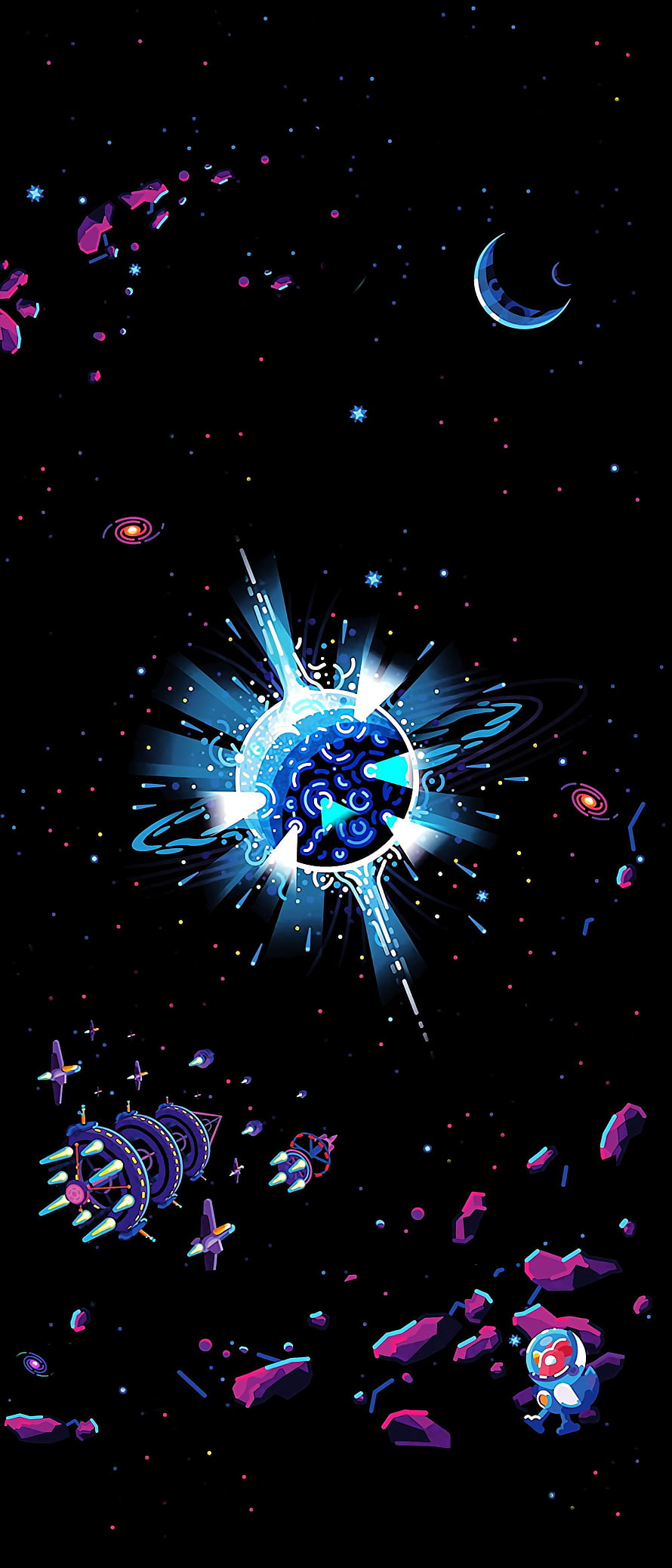 Kurzgesagt Cosmic Space Illustration with Glowing Planet and Astronaut HD phone wallpaper
