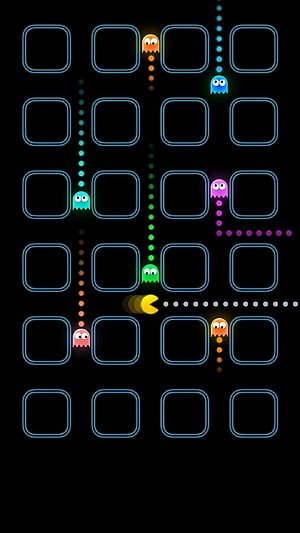 Pac-Man and Ghosts Neon Arcade Game Icon on Black Background HD phone wallpaper