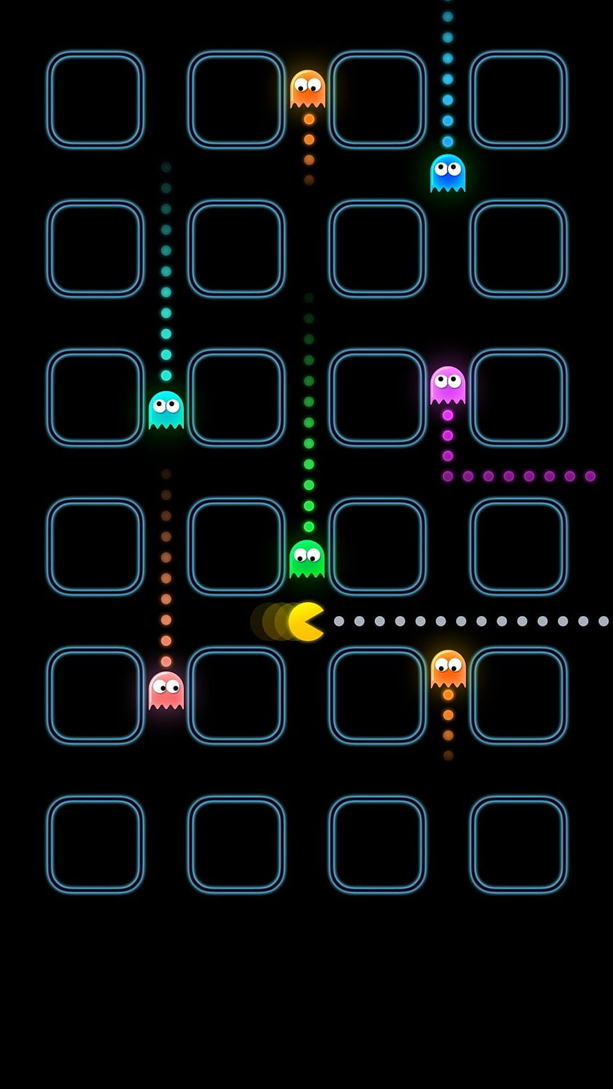 Pac-Man and Ghosts Neon Arcade Game Icon on Black Background HD phone wallpaper