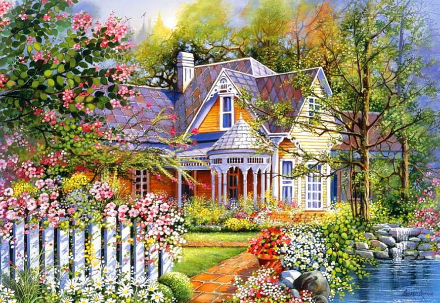 Vibrant Cottage Garden Painting With Picket Fence, Pond, And Spring Blossoms HD wallpaper