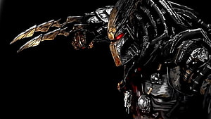 Dark armored warrior with glowing red eyes and golden claws on black background HD wallpaper