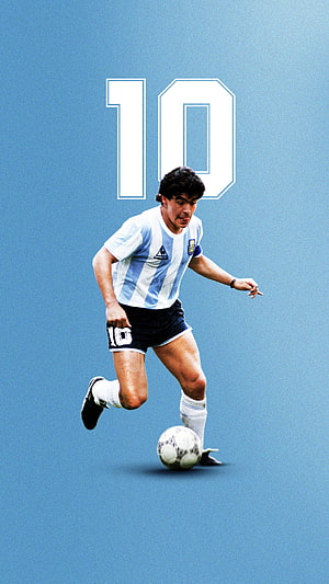 Diego Maradona in Classic Argentina Striped Kit Dribbling the Ball HD phone wallpaper
