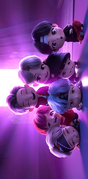 BTS Tiny Tan Chibi Characters Group Portrait in Vibrant Purple Lighting HD phone wallpaper