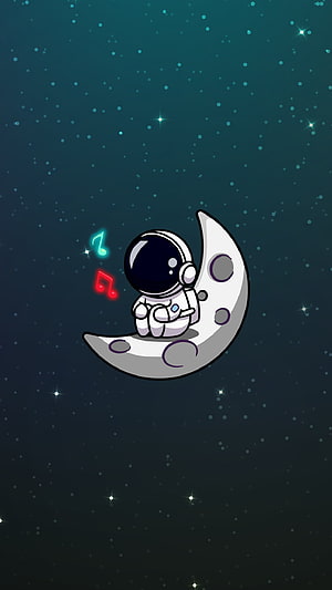 Cute Cartoon Astronaut Sitting on Crescent Moon with Glowing Music Notes in Starry Night Sky HD phone wallpaper