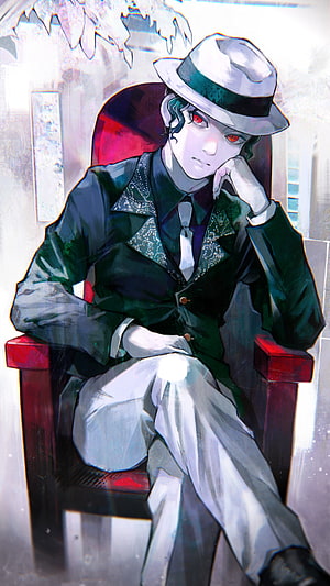 Muzan Kibutsuji from Demon Slayer in a white fedora and green suit seated in a red chair HD phone wallpaper