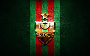 Mouloudia Club d'Alger Golden Emblem on Green and Red Striped Background HD wallpaper