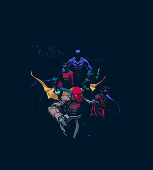 DC Comics Batfamily Group Artwork Featuring Batman, Robin, Red Hood, and Nightwing in Dynamic Action Pose HD phone wallpaper
