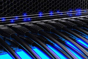 Futuristic Network Switch with Blue LED Cables and Hexagonal Tech Background HD wallpaper