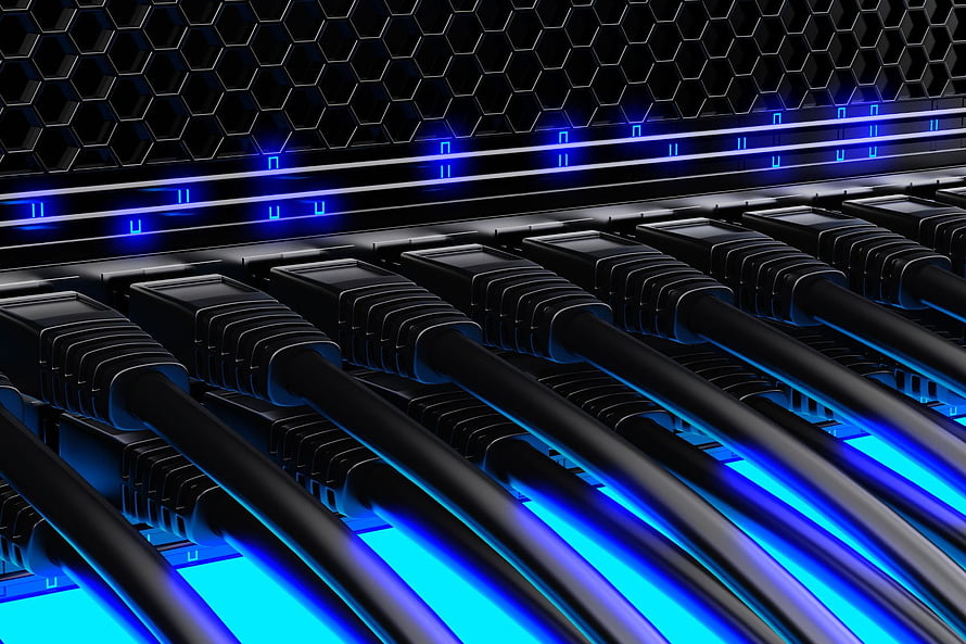Futuristic Network Switch with Blue LED Cables and Hexagonal Tech Background HD wallpaper