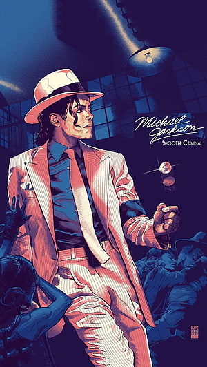 Michael Jackson Smooth Criminal Illustration in White Fedora and Pinstripe Suit HD phone wallpaper