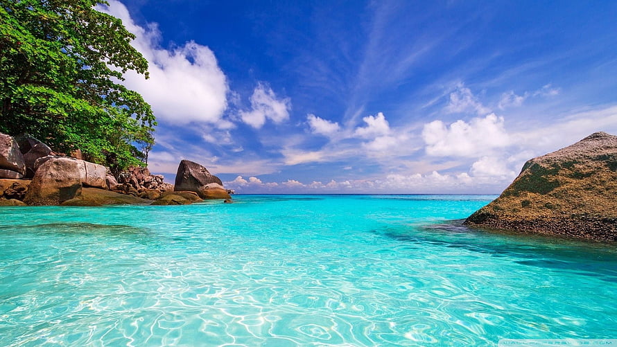 Tropical Turquoise Lagoon With Granite Boulders And Lush Green Foliage Under A Bright Blue Sky HD wallpaper