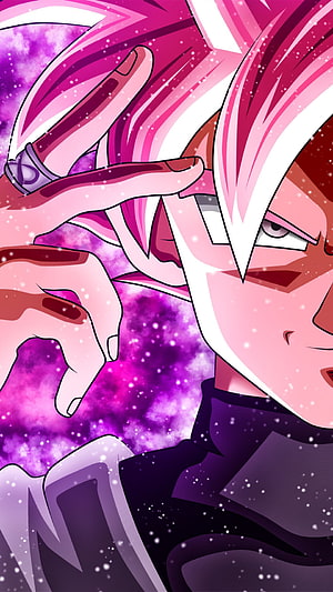 Goku Black Anime Character Close-Up with Pink Hair and Purple Cosmic Background HD phone wallpaper