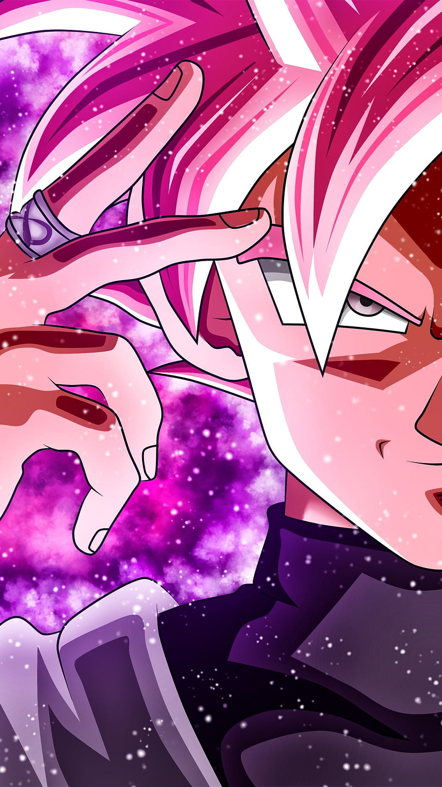 Goku Black Anime Character Close-Up with Pink Hair and Purple Cosmic Background HD phone wallpaper