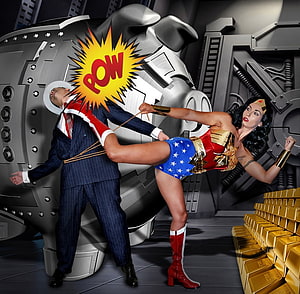 Wonder Woman Kicks Villain in Industrial Vault with Gold Bars and Comic POW Effect HD wallpaper