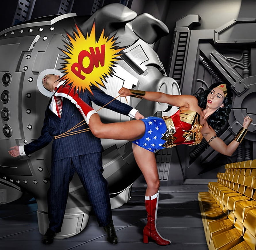Wonder Woman Kicks Villain in Industrial Vault with Gold Bars and Comic POW Effect HD wallpaper