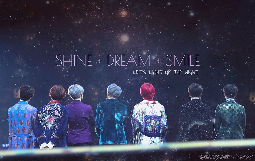 BTS Members Standing Back to Back on Stage Under Starry Night Sky HD wallpaper