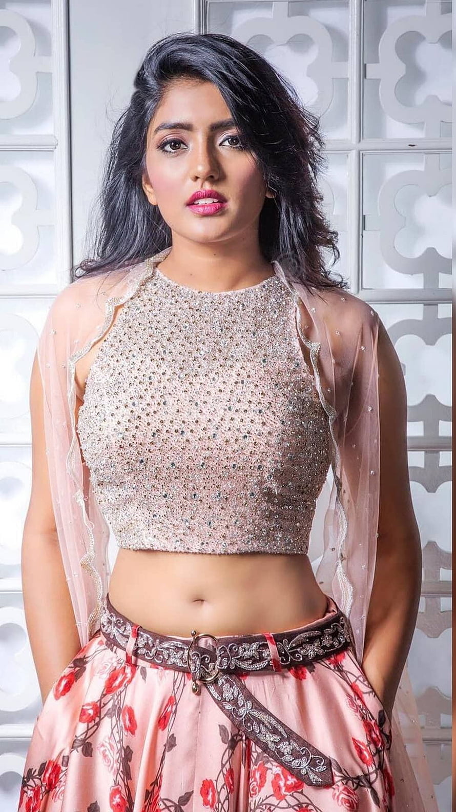 Eesha Rebba in a Blush Pink Sequined Crop Top and Floral Lehenga HD phone wallpaper