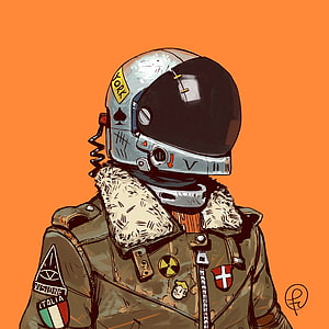 Digital Illustration of a Sci-Fi Soldier in a Vintage Helmet with Patches on an Orange Background HD phone wallpaper