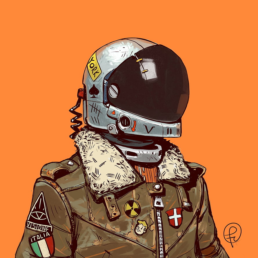 Digital Illustration of a Sci-Fi Soldier in a Vintage Helmet with Patches on an Orange Background HD phone wallpaper
