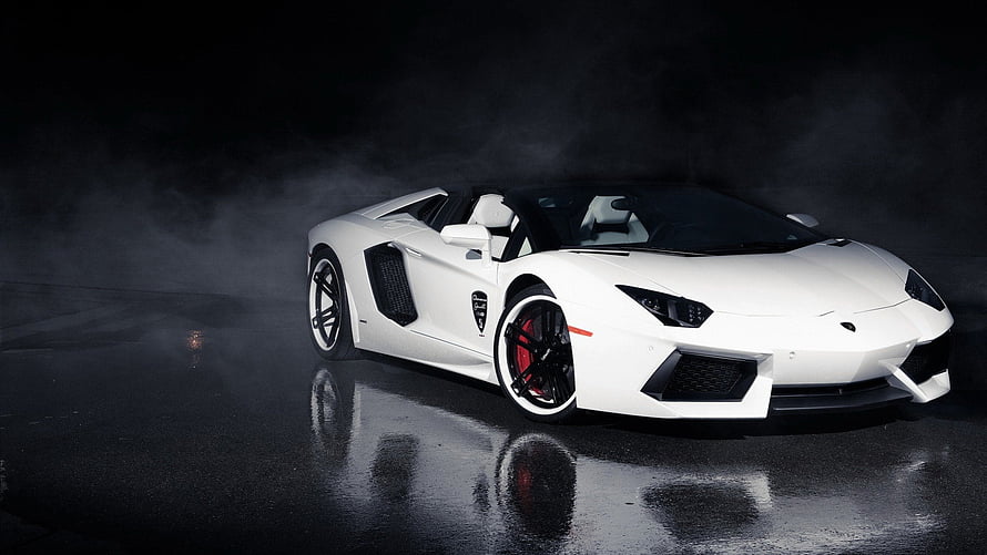 White Lamborghini Aventador Roadster on Wet Asphalt with Dramatic Fog and Studio Lighting HD wallpaper