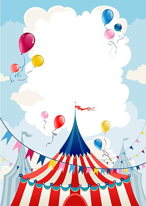 Colorful Circus Tent with Floating Balloons and Bunting Banners Under a Blue Sky HD phone wallpaper