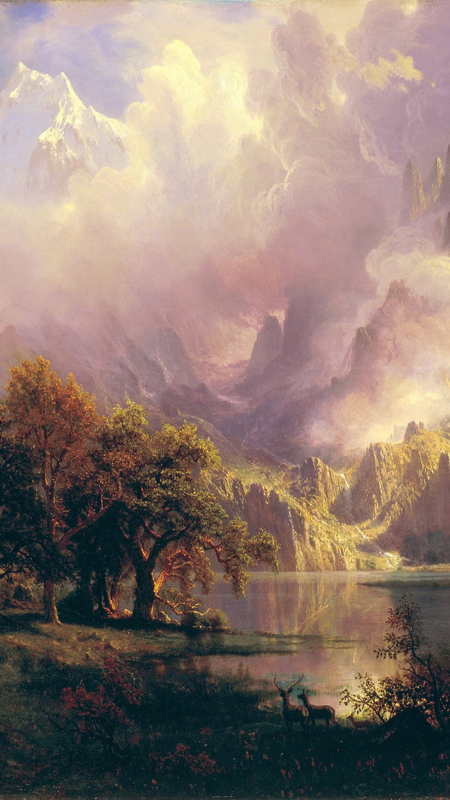 Romantic Landscape Oil Painting with Misty Mountains, Lake, and Deer HD phone wallpaper