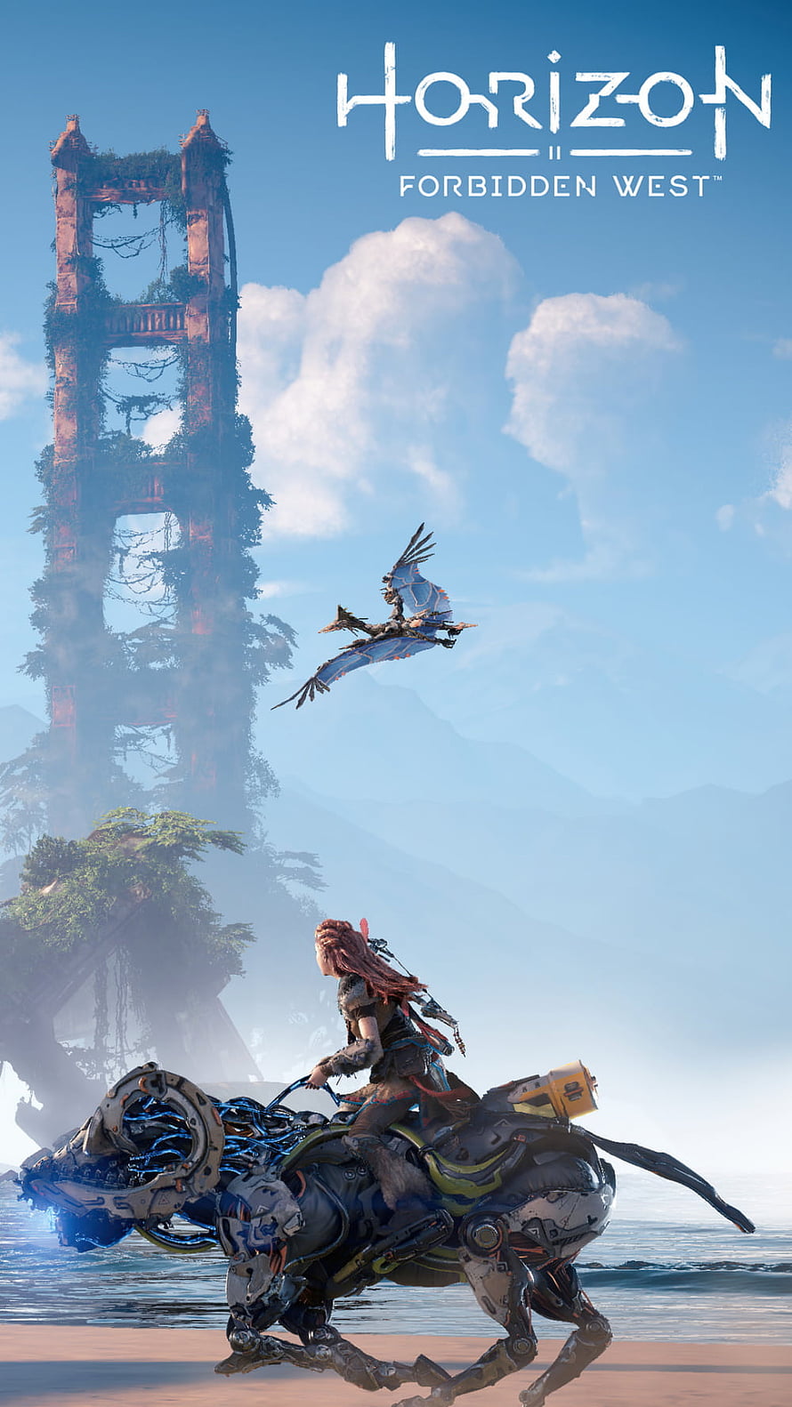 Aloy riding a mechanical beast on a beach with the Golden Gate Bridge in Horizon Forbidden West HD phone wallpaper