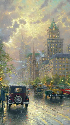 Vintage New York City Street Scene with Classic Cars and Horse Carriage in Oil Painting Style HD phone wallpaper