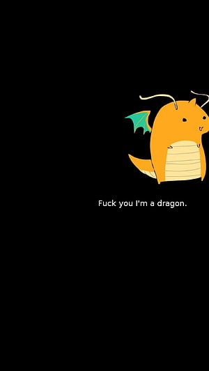Cute Orange Dragon Cartoon on Black Background with Funny Text HD phone wallpaper