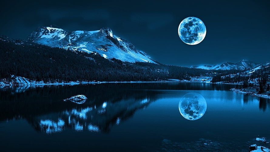 Serene Night Lake with Snow-Capped Mountains and Full Moon Reflection HD wallpaper