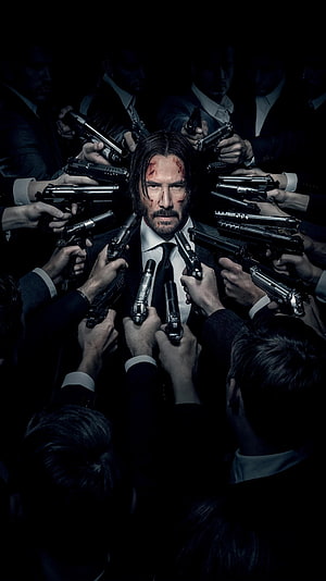 John Wick Surrounded by Guns in Dark Suit Cinematic Action Scene HD phone wallpaper