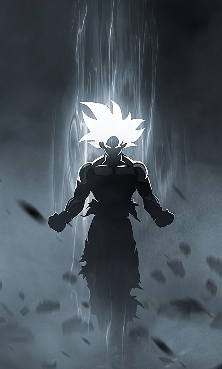 Goku Silhouette with Glowing White Hair in Dark Stormy Atmosphere HD phone wallpaper