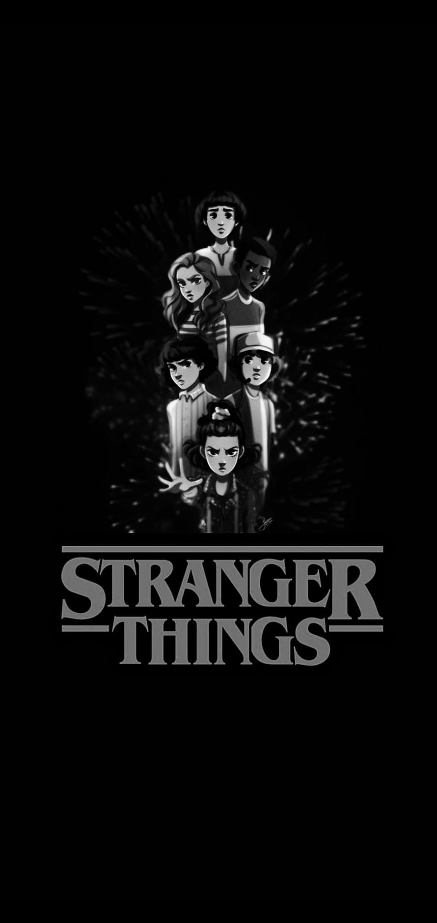 Stranger Things Black and White Character Group Illustration with Dramatic Lighting HD phone wallpaper