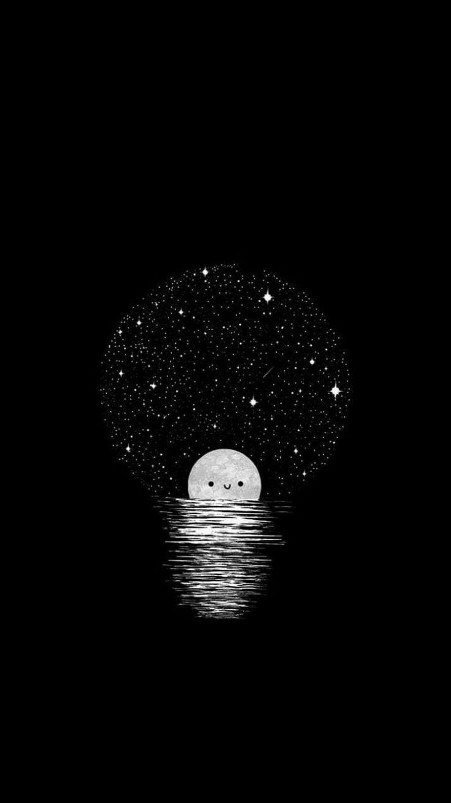 Cute Kawaii Moon with Starry Sky Reflection in Water Minimalist Black Wallpaper HD phone wallpaper