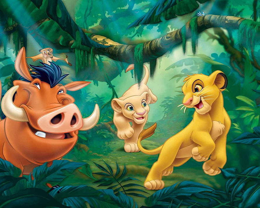 The Lion King: Young Simba, Nala, Timon, and Pumbaa Exploring the Lush Jungle HD wallpaper