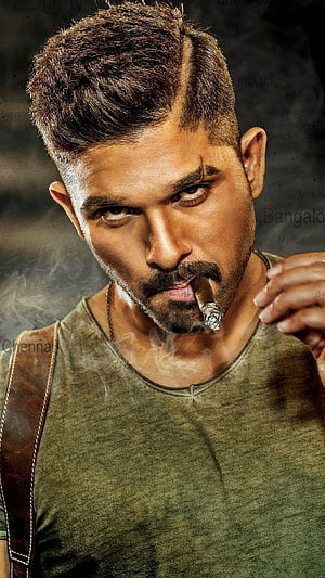 Allu Arjun Intense Portrait Smoking a Cigar in Olive Tank Top HD phone wallpaper