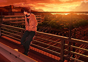 Anime Boy Sitting on Bridge Railing at Sunset with Headphones HD wallpaper