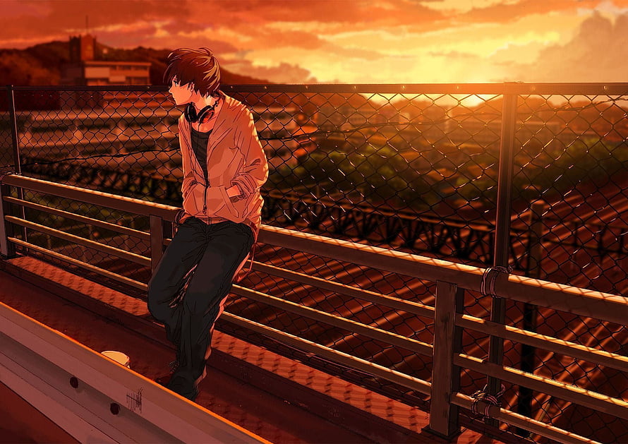 Anime Boy Sitting on Bridge Railing at Sunset with Headphones HD wallpaper