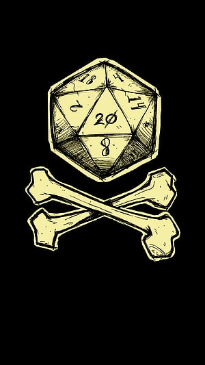 Hand-drawn D20 die with crossed bones in a vintage ink style on a black background HD phone wallpaper