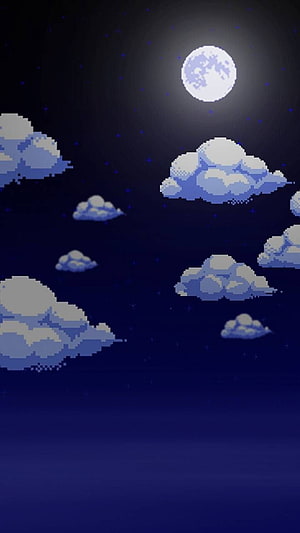 Retro Pixel Art Night Sky with Glowing Full Moon and Floating Clouds HD phone wallpaper