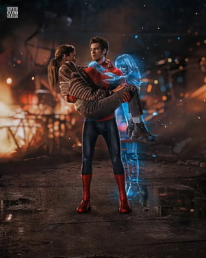 Spider-Man Carrying Mary Jane Watson Amidst Fire and Debris, Spiderman Andrew, Spiderman-Andrew, SPIDERMAN-SAD HD phone wallpaper