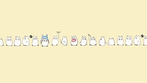 Cute Totoro and Friends Lineup on Soft Yellow Background HD wallpaper